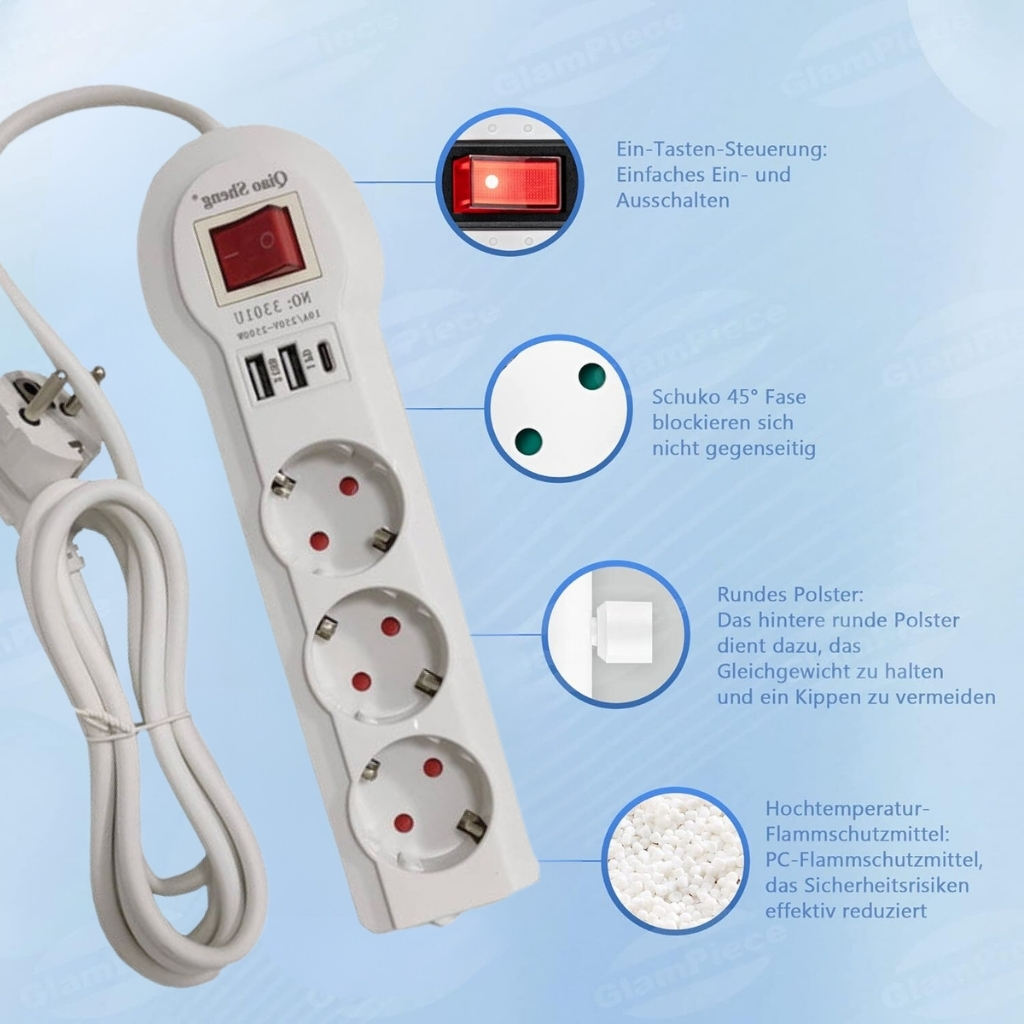 Multiprise 3 prises et Type C avec 2 USB 2 m Blanc 3301U