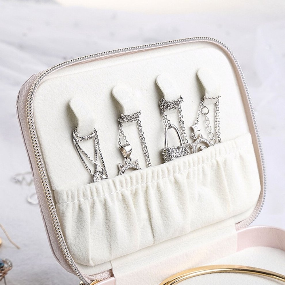 Trousse à bijoux en cuir PU anti-poussière à double couche avec miroir -  PM - منظم مجوهرات أنيق مزدوج الطبقات للسفر