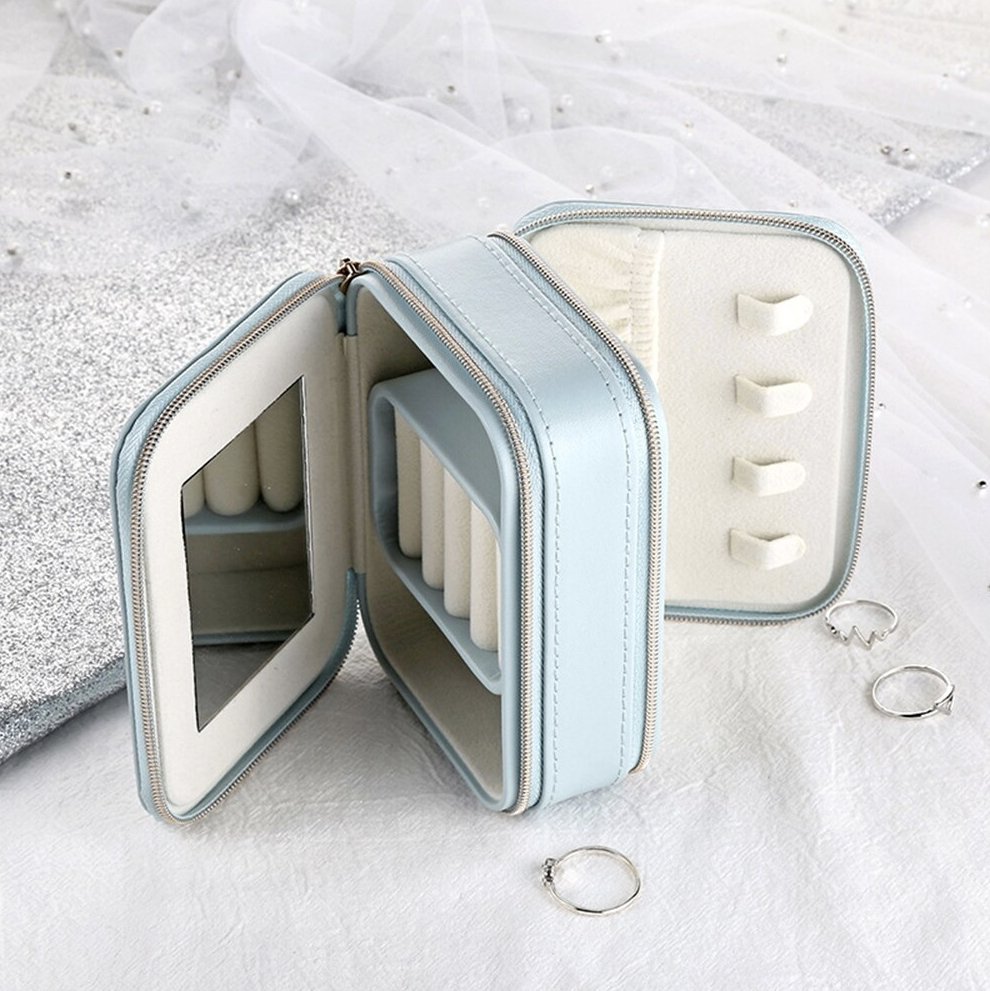 Trousse à bijoux en cuir PU anti-poussière à double couche avec miroir -  PM - منظم مجوهرات أنيق مزدوج الطبقات للسفر