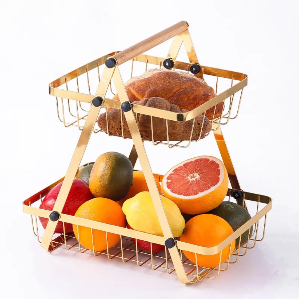 Panier à fruits et légumes 2 niveaux avec poignée en bois support en métal - doré
