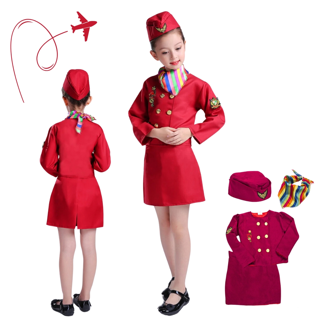 Costumes hôtesse de l'air pour Enfants, Uniformes d'Aviation, 4 Pcs