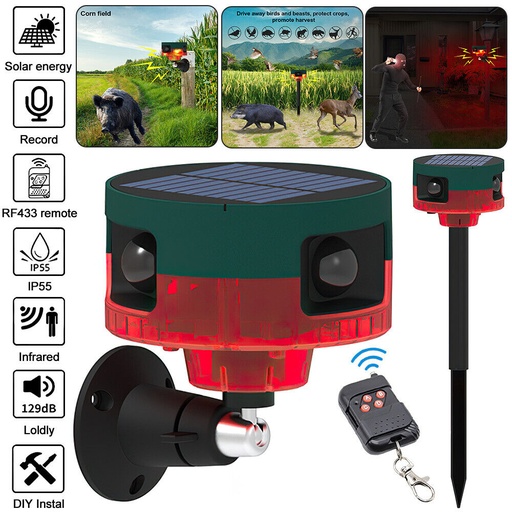 Répulsif pour animaux Capteur de mouvement à énergie solaire, alarme sonore et lumineuse 6 LED 